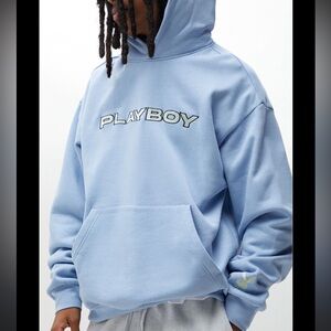 ☀️3/$25 Playboy Blue bunny pullover Hoodie for Men xl dusty light blue